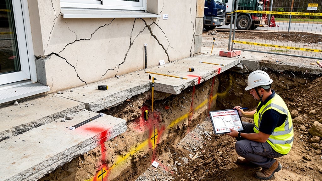 Foundation excavation showing building subsidence and ground movement